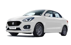 White Maruti Dzire car from Balaji Tour and Travel, available for taxi service and car rental in Udaipur, parked and ready for a comfortable ride.